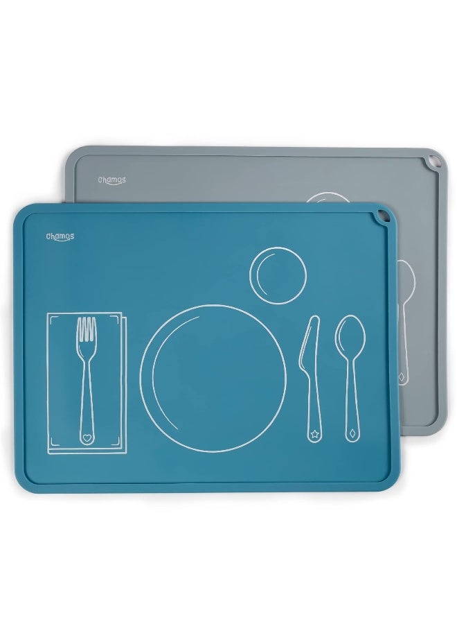 CHAMOS Montessori Placemat for Toddlers - Kids Silicone Mats for Dining Table - Set of 2 - Table Setting Learning (Blue and Grey) - Image 1