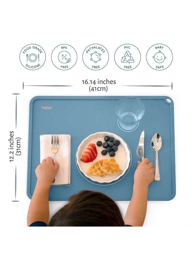 CHAMOS Montessori Placemat for Toddlers - Kids Silicone Mats for Dining Table - Set of 2 - Table Setting Learning (Blue and Grey) - Image 2