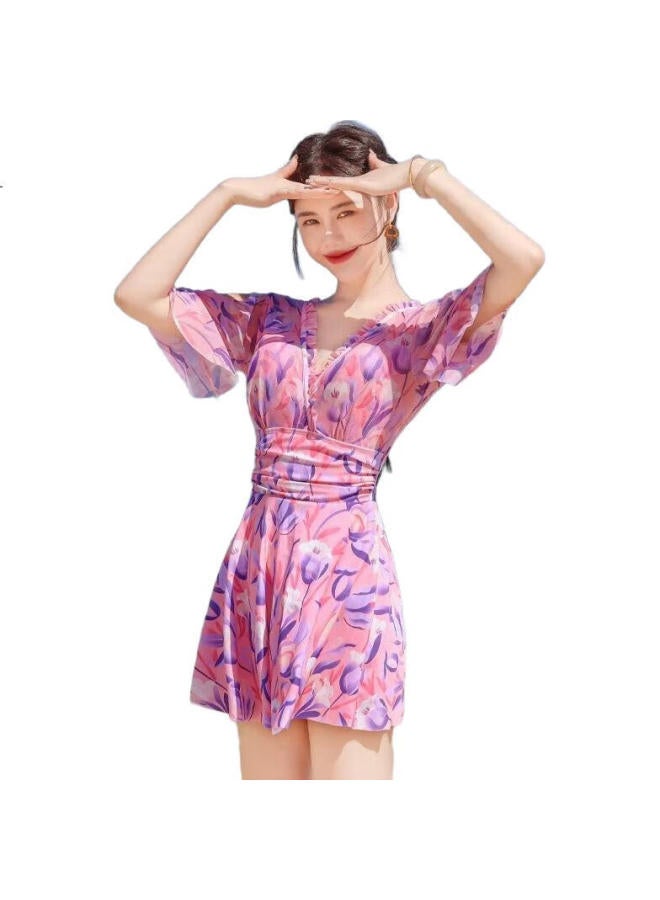 Skin-friendly Yifu Plus Size Swimsuit For Women Yet Modest, Tummy-Concealing, Slimming, One-Piece Floral Print Dress-Style Swimwear For Beach Vacation - Image 2
