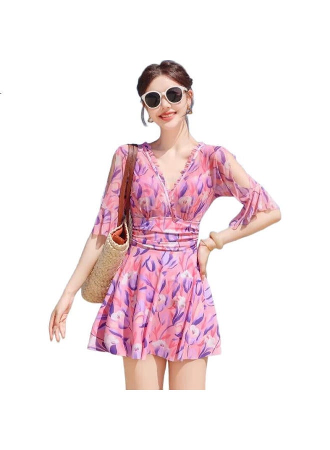 Skin-friendly Yifu Plus Size Swimsuit For Women Yet Modest, Tummy-Concealing, Slimming, One-Piece Floral Print Dress-Style Swimwear For Beach Vacation - Image 1