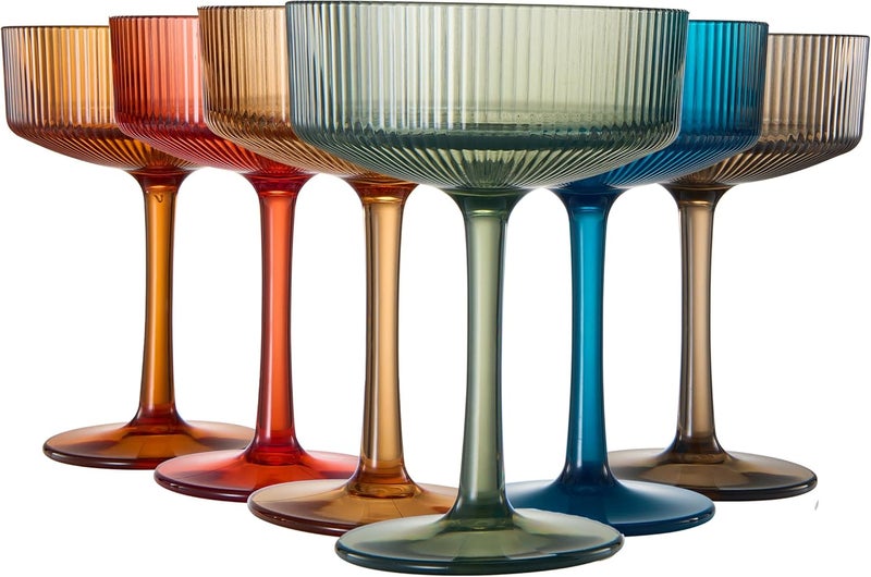 Khen Shatterproof Acrylic Ribbed Vintage Art Deco Martini, Champagne & Cocktail Muted Color Plastic Tritan Coupe Glasses | Set of 6 | 8 oz Ripple Glassware Classic Cocktail Indoor & Outdoor, European Style - Image 1