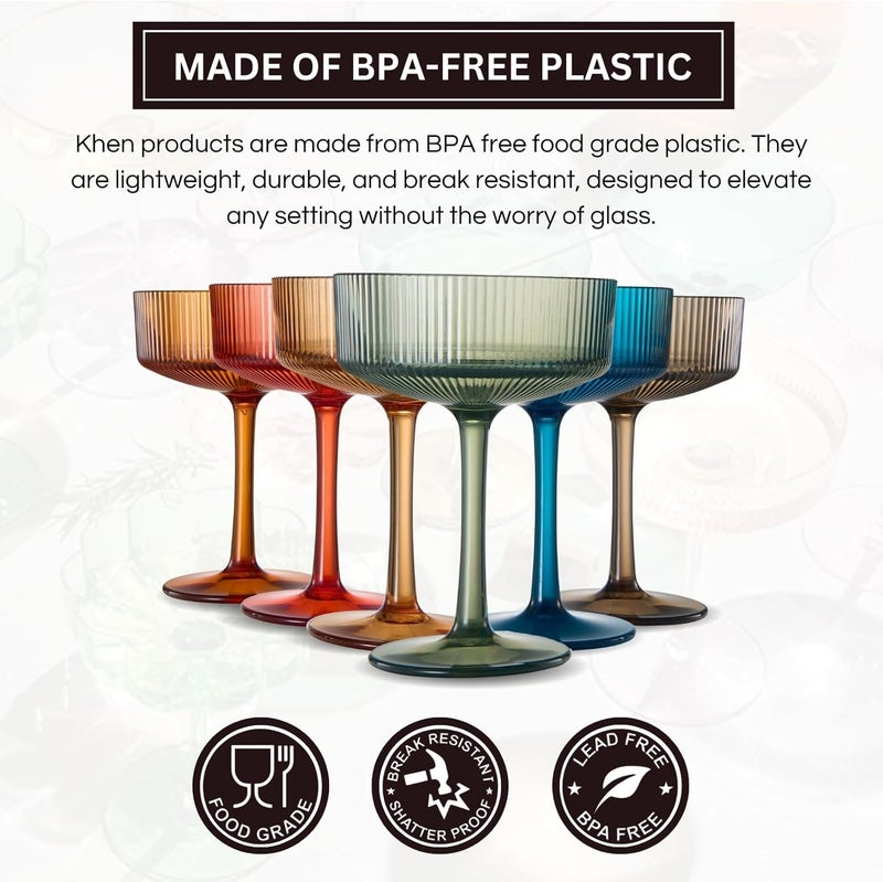 Khen Shatterproof Acrylic Ribbed Vintage Art Deco Martini, Champagne & Cocktail Muted Color Plastic Tritan Coupe Glasses | Set of 6 | 8 oz Ripple Glassware Classic Cocktail Indoor & Outdoor, European Style - Image 3