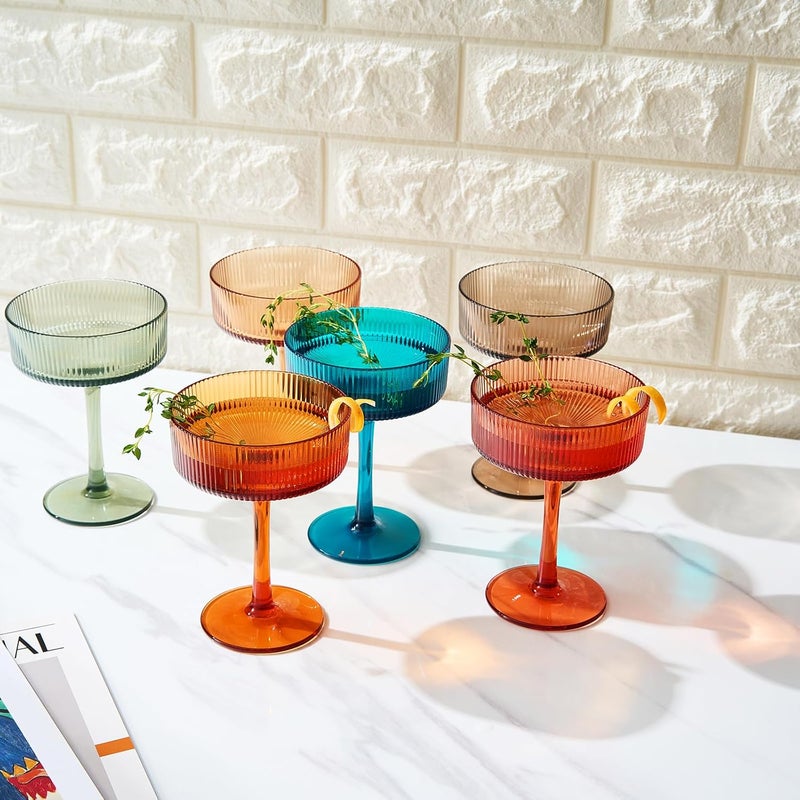 Khen Shatterproof Acrylic Ribbed Vintage Art Deco Martini, Champagne & Cocktail Muted Color Plastic Tritan Coupe Glasses | Set of 6 | 8 oz Ripple Glassware Classic Cocktail Indoor & Outdoor, European Style - Image 4