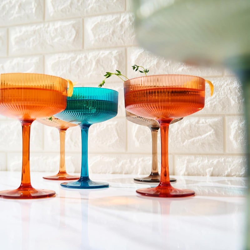 Khen Shatterproof Acrylic Ribbed Vintage Art Deco Martini, Champagne & Cocktail Muted Color Plastic Tritan Coupe Glasses | Set of 6 | 8 oz Ripple Glassware Classic Cocktail Indoor & Outdoor, European Style - Image 5