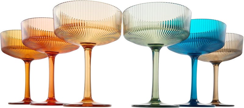 Khen Shatterproof Acrylic Ribbed Vintage Art Deco Martini, Champagne & Cocktail Muted Color Plastic Tritan Coupe Glasses | Set of 6 | 8 oz Ripple Glassware Classic Cocktail Indoor & Outdoor, European Style - Image 2