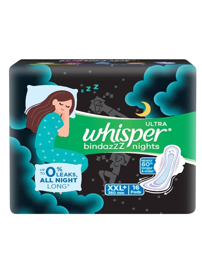 وسبير Whisper Bindazz Nights SANITARY PADS ، 16 XXL + PADS ، تسرب يصل إلى 0٪ طوال الليل ، لتدفق كثيف ، ظهر أطول وأوسع بنسبة 60٪ ، أجنحة ناعمة وسادة مريحة ، غلاف يمكن التخلص منه - Image 1