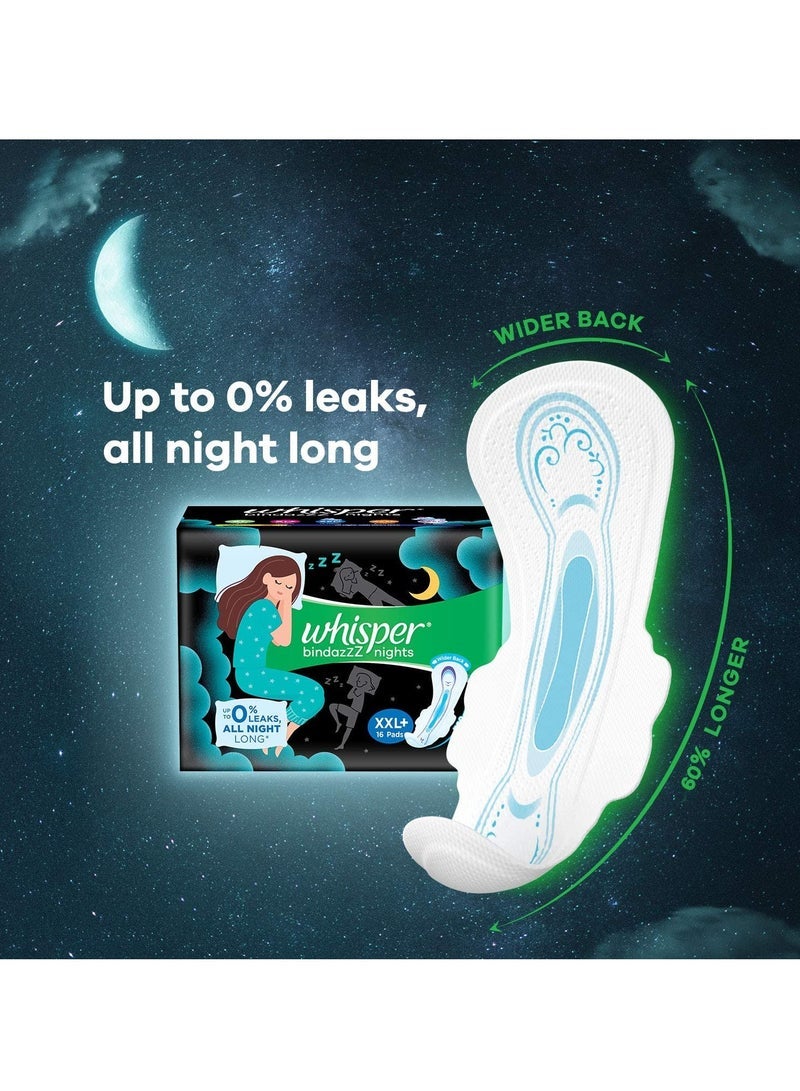 وسبير Whisper Bindazz Nights SANITARY PADS ، 16 XXL + PADS ، تسرب يصل إلى 0٪ طوال الليل ، لتدفق كثيف ، ظهر أطول وأوسع بنسبة 60٪ ، أجنحة ناعمة وسادة مريحة ، غلاف يمكن التخلص منه - Image 2