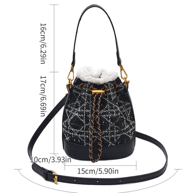 Bag Women'S 2025 Spring New Popular All-Match Woolen Cloth Contrast Color Shoulder Crossbody Rhombic Strap Chain Bucket Bag - Image 5
