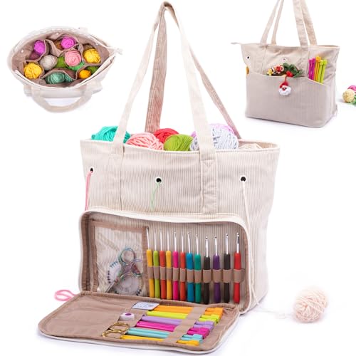 MYBAGZING Large Corduroy Yarn Bag Tote for Crochet Hooks Accessories Knitting Storage Bag - Image 1
