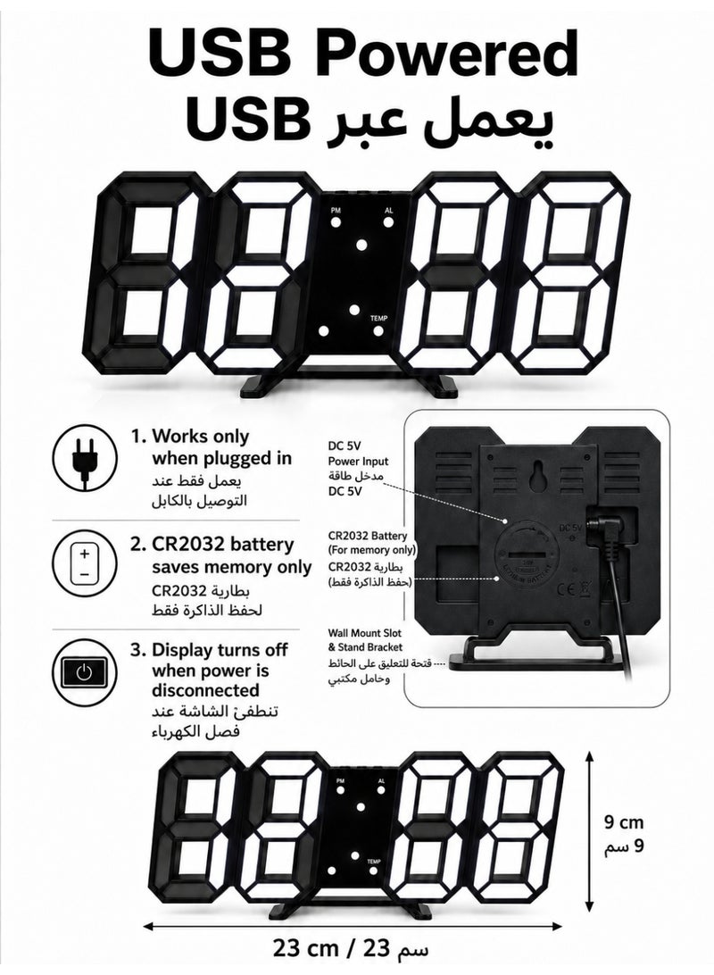 CCYY 3D LED Digital Alarm Clock Black, LED Digital Clock with Temperature Display, Adjustable Brightness, 12/24H Time Display, USB Powered Wall Desk Bedside Clock for Bedroom Office Living Room - Image 5