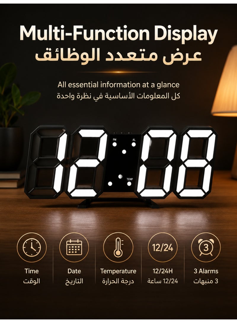 CCYY 3D LED Digital Alarm Clock Black, LED Digital Clock with Temperature Display, Adjustable Brightness, 12/24H Time Display, USB Powered Wall Desk Bedside Clock for Bedroom Office Living Room - Image 2
