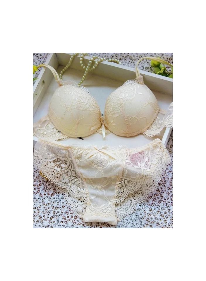 1-Set No Trace Underwear Suits,Anti-Sagging Bra with Steel Ring,Lace Beautiful Brief,Colour Beige,Size 70B - Image 1