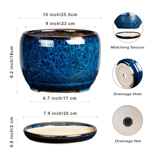 SQOWL 10 Inch Plant Pot - Ceramic Planter Pot with Drainage Hole and Saucer, Decorative Plant Pot for Indoor Outdoor Plants, Round Large Planter Flower Pot, Blue - Image 3