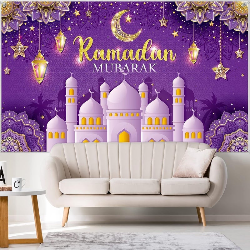 ChicAbode Ramadan Mubarak Decorations Backdrop, Eid Mubarak Sign Photo Booth Backdrop Background for Home Muslim Ramadan Eid Al Fitr Party Supplies (Purple) - Image 3