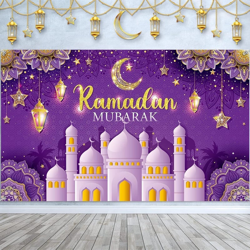 ChicAbode Ramadan Mubarak Decorations Backdrop, Eid Mubarak Sign Photo Booth Backdrop Background for Home Muslim Ramadan Eid Al Fitr Party Supplies (Purple) - Image 1