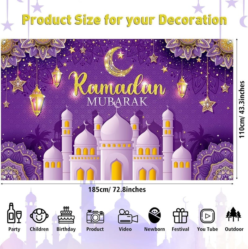 ChicAbode Ramadan Mubarak Decorations Backdrop, Eid Mubarak Sign Photo Booth Backdrop Background for Home Muslim Ramadan Eid Al Fitr Party Supplies (Purple) - Image 2