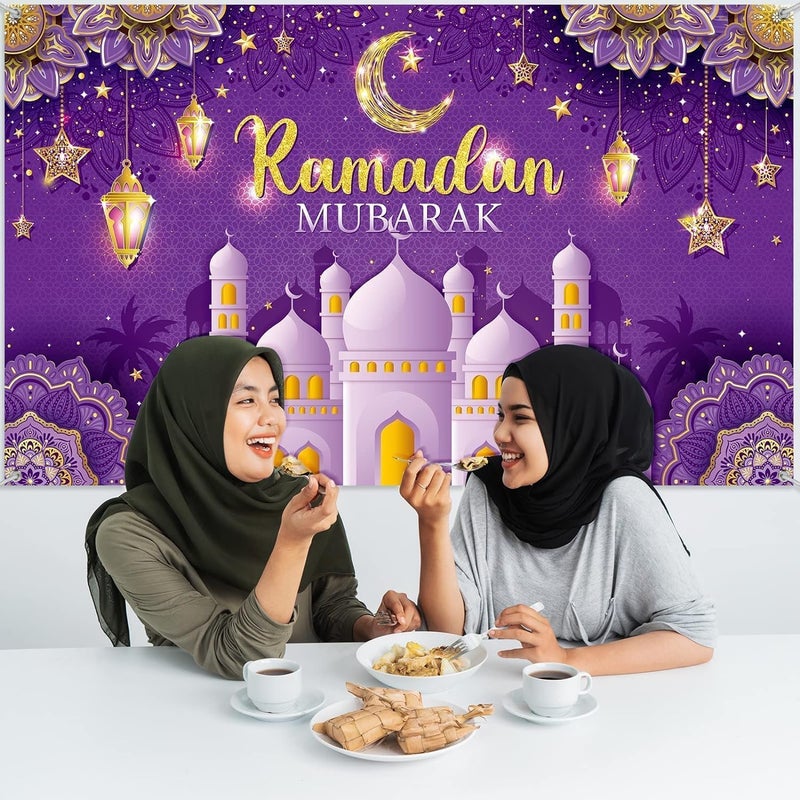 ChicAbode Ramadan Mubarak Decorations Backdrop, Eid Mubarak Sign Photo Booth Backdrop Background for Home Muslim Ramadan Eid Al Fitr Party Supplies (Purple) - Image 5