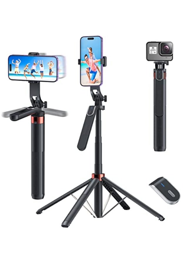 71 inch Extra Long Selfie Stick Tripod Anti-shake Selfie Stick with Balance Handle,Quadripod Stand with Rechargeable Bluetooth Remote for Mobile Phone, Selfie Stick Tripod with 1/4 Screw - Image 1