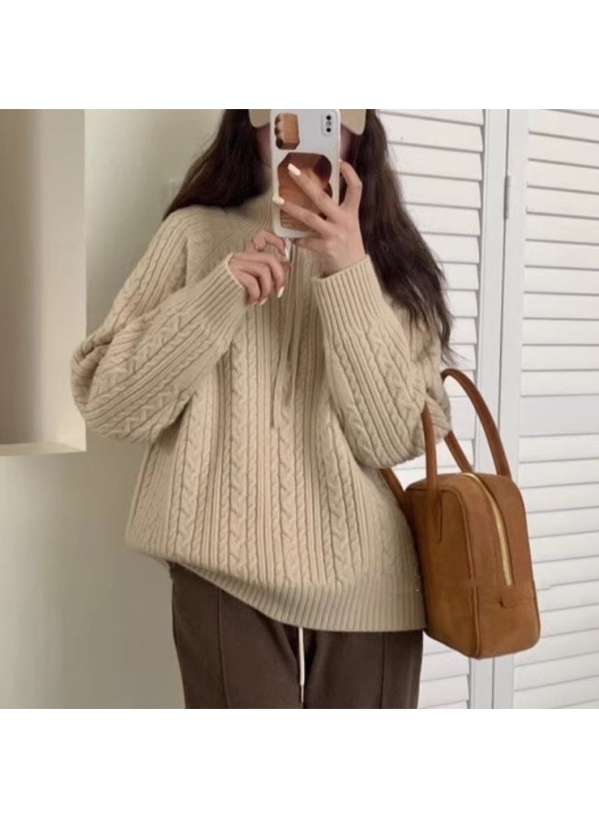 Leyuan Turn-down Collar Half-zip Cable Knit Loose Slimming Lazy Fit Sweater Women's Coat Knitted Top - Image 1