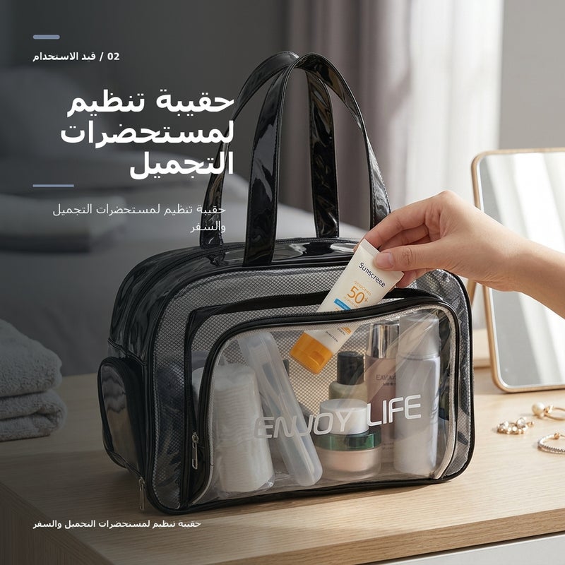حقيبة مستحضرات تجميل بسعة كبيرة وبمقبض حمل وتنظيم عملي لـ المكياج وأدوات التجميل والتخزين اليومي أثناء السفر باللون أسود مع مقبض - Image 3