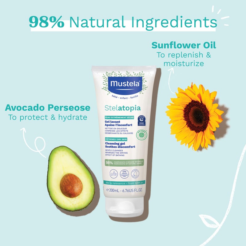 Mustela Stelatopia Eczema-Prone Skin Cleansing Gel - Baby Face & Body Wash with Natural Avocado & Sunflower Oil - Fragrance-Free & Tear Free - 6.76 fl. oz. - Image 2