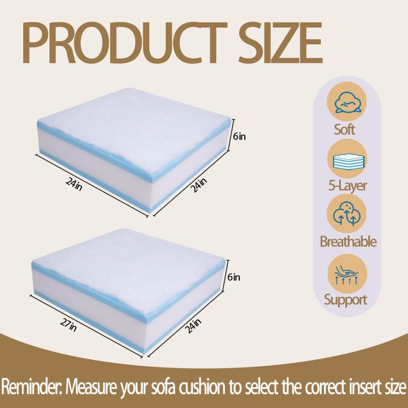 Aycsiyana Memory Foam Couch Cusion Replacement 24"x24"x6", Thickness 5 Layer Sofa Cushions Replacement with Removable Cover, High Density 25D Upholstery Foam Replacement Couch Cushions - Image 2