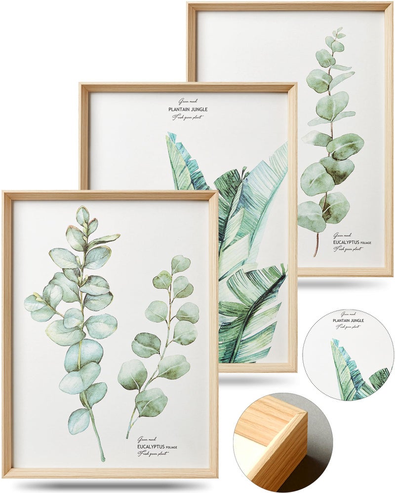 HesenDot Framed Wall Art,Minimalist Botanical Canvas Wall Art for Living Room,12x16in Plant Wood High-Framed Design Flower Green Eucalyptus Leaf Artworks Prints Poster for Bathroom,Bedroom Set of 3 - Image 1