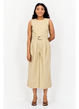 ESPRIT Women Solid Sleeveless Belted Jumpsuit, Tan  - Image 1