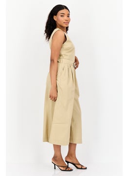 ESPRIT Women Solid Sleeveless Belted Jumpsuit, Tan  - Image 3