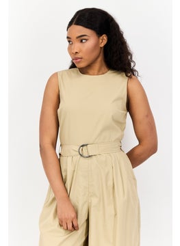 ESPRIT Women Solid Sleeveless Belted Jumpsuit, Tan  - Image 2
