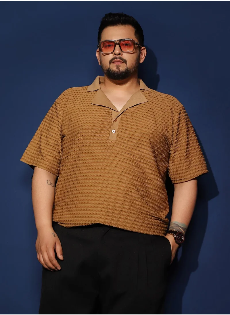 Instafab Plus Instafab Plus Men's Copper Brown Crease-Tactile Cuban Polo T-Shirt For Casual Wear | Polo Neck | Short Sleeves | Half-Button Closure | Plus Size T-Shirt Crafted With Comfort Fit For Everyday Wear