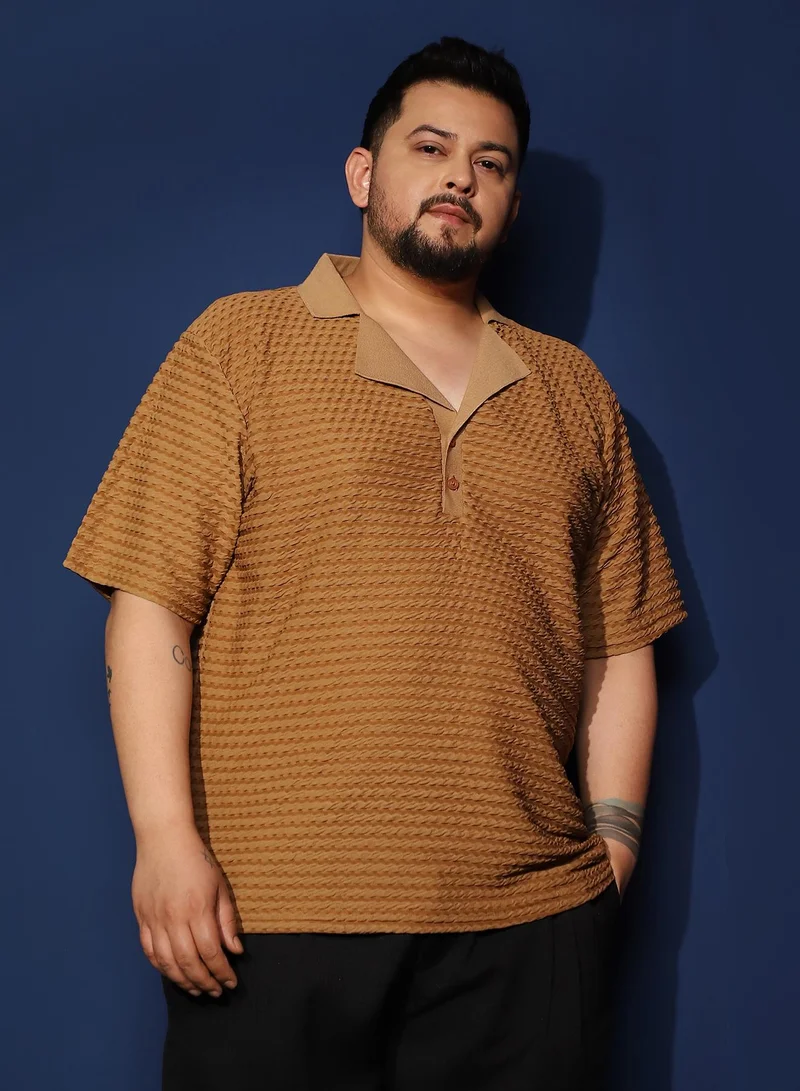 Instafab Plus Instafab Plus Men's Copper Brown Crease-Tactile Cuban Polo T-Shirt For Casual Wear | Polo Neck | Short Sleeves | Half-Button Closure | Plus Size T-Shirt Crafted With Comfort Fit For Everyday Wear