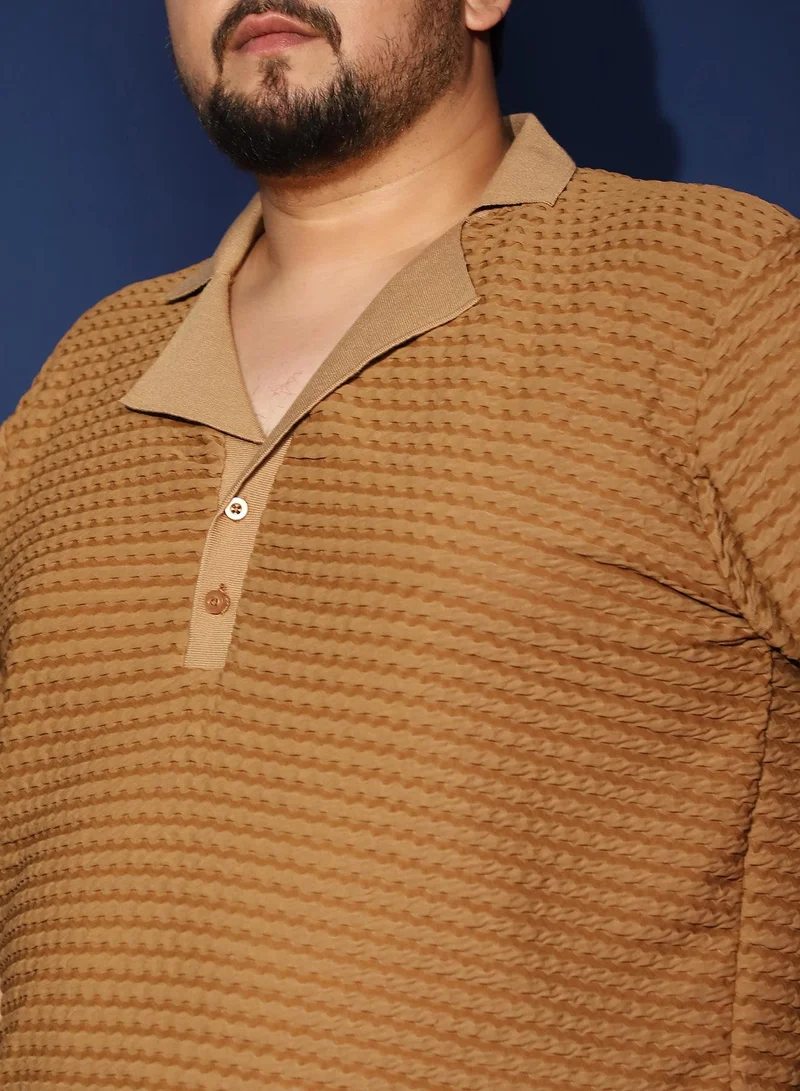 Instafab Plus Instafab Plus Men's Copper Brown Crease-Tactile Cuban Polo T-Shirt For Casual Wear | Polo Neck | Short Sleeves | Half-Button Closure | Plus Size T-Shirt Crafted With Comfort Fit For Everyday Wear