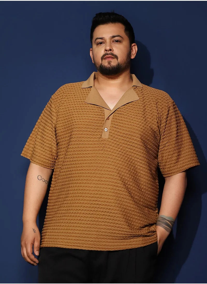 Instafab Plus Instafab Plus Men's Copper Brown Crease-Tactile Cuban Polo T-Shirt For Casual Wear | Polo Neck | Short Sleeves | Half-Button Closure | Plus Size T-Shirt Crafted With Comfort Fit For Everyday Wear