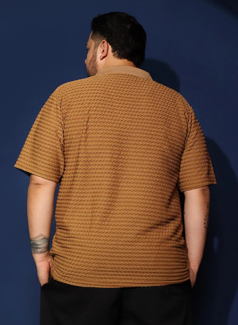 Instafab Plus Instafab Plus Men's Copper Brown Crease-Tactile Cuban Polo T-Shirt For Casual Wear | Polo Neck | Short Sleeves | Half-Button Closure | Plus Size T-Shirt Crafted With Comfort Fit For Everyday Wear