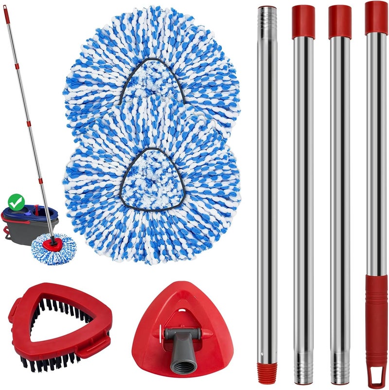 GFRED Spin Mop Handle Mop Heads and Base Replacement Sets Compatible with O Cedar EasyWring Rinseclean 2 Tank System, Flexible & Reusable(1 Sets Stainless Steel Handle & 2 Refills & 1 Base & 1 Scrub Brush) - Image 1