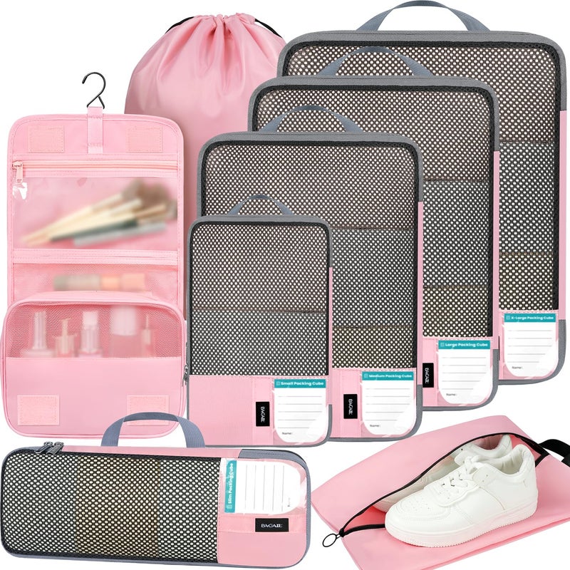 BAGAIL 4/6 Set/8 Set Compression Packing Cubes Travel Accessories Expandable Packing Organizers(HalfMesh, 8-Pink) - Image 1