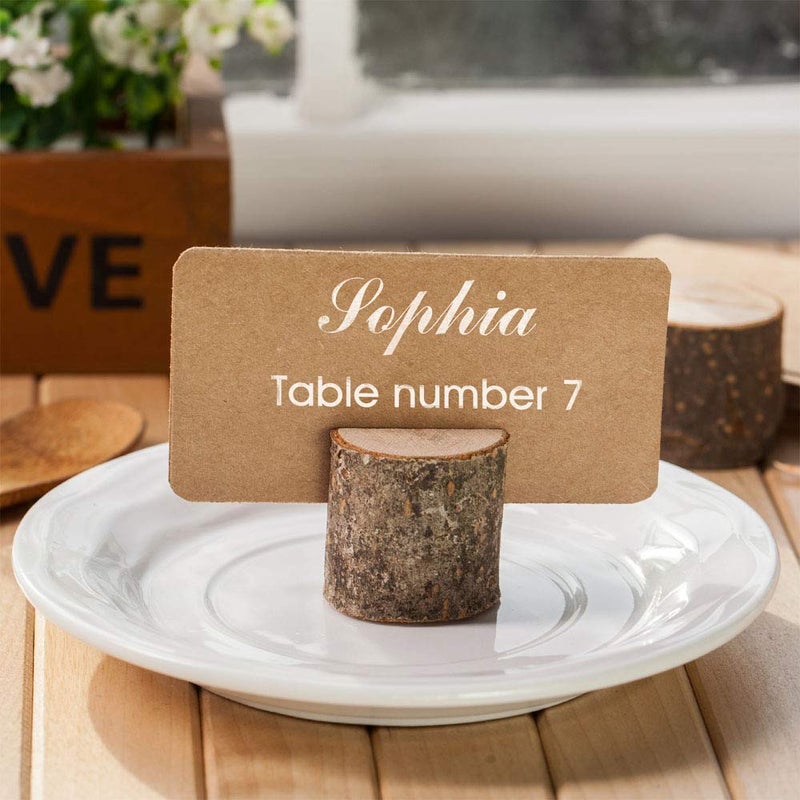 Toncoo Toncoo Wood Place Card Holders, 10Pcs Premium Rustic Table Number Holders and 20Pcs Kraft Table Place Cards, Wood Photo Holders, Ideal for Wedding Party Table Name and More  - Image 4