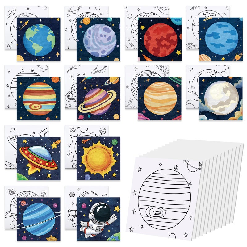 Anseal 12 Packs Pre Drawn Canvas to Paint, 4" X 4" Planet Pre-Printed Paint Party for Kids, Pre Stretched Canvas Outline Painting Boards for Beginners, Students, Party Favor - Image 1