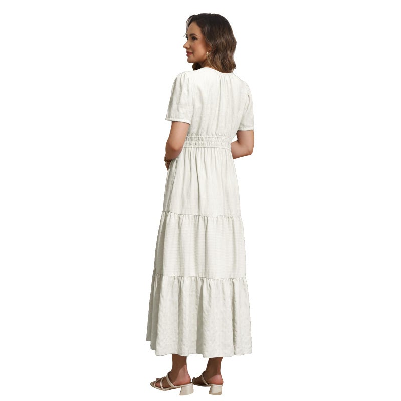 Rainday Womens Casual Maxi Dresses Fashion Holiday Short Sleeved Elastic Waist Beach Boho Dress with Pockets(Z3918WH,XL) - Image 4