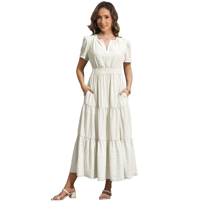 Rainday Womens Casual Maxi Dresses Fashion Holiday Short Sleeved Elastic Waist Beach Boho Dress with Pockets(Z3918WH,XL) - Image 3