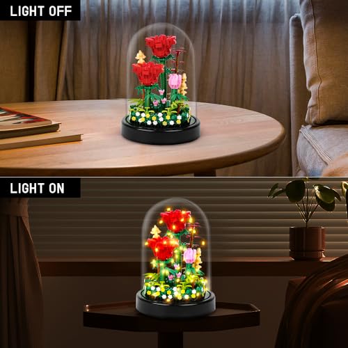 HOGOKIDS Flower Bouquet Building Kit with LED Lighting - 596 PCS Rose Sets with Cover Botanical Building Blocks | Birthday Mini Bricks Valentines Day Gift for Adult Girlfriend Wife (Red Roses) - Image 4