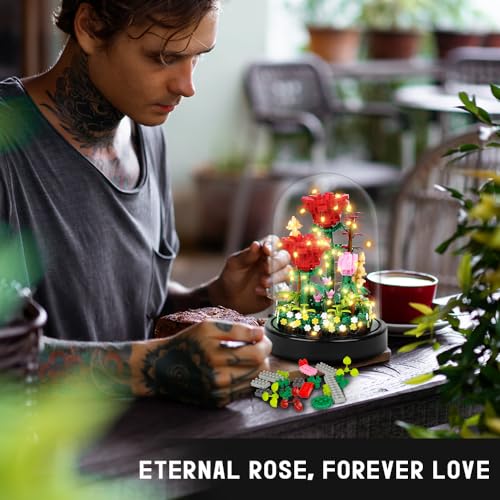 HOGOKIDS Flower Bouquet Building Kit with LED Lighting - 596 PCS Rose Sets with Cover Botanical Building Blocks | Birthday Mini Bricks Valentines Day Gift for Adult Girlfriend Wife (Red Roses) - Image 3