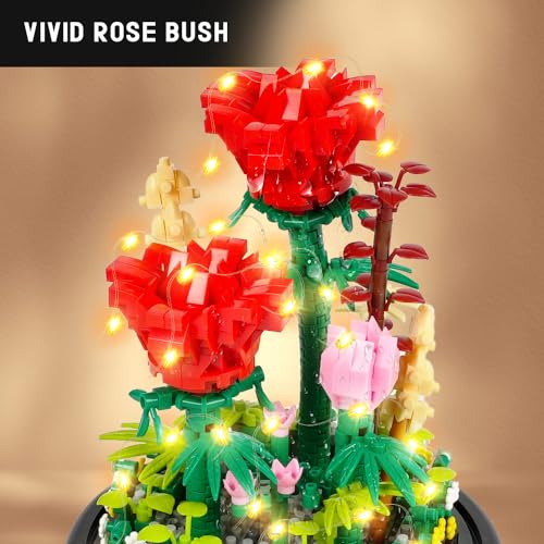 HOGOKIDS Flower Bouquet Building Kit with LED Lighting - 596 PCS Rose Sets with Cover Botanical Building Blocks | Birthday Mini Bricks Valentines Day Gift for Adult Girlfriend Wife (Red Roses) - Image 5