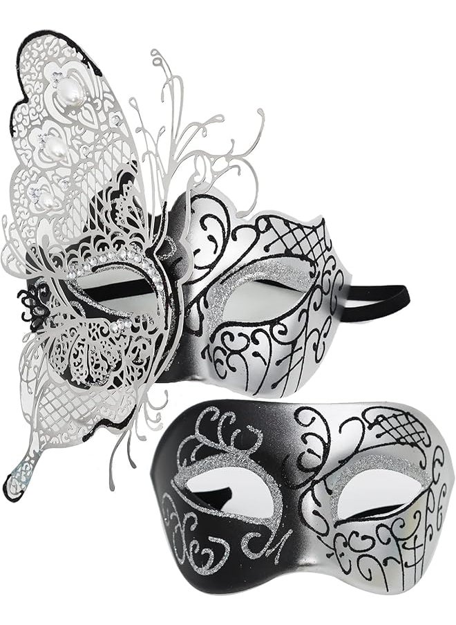The Bros Masquerade Mask for Couples, Mardi Gras Venetian Side flower Mask, Masquerade Ball Masks, Metal Venetian Mardi Gras Prom Mask for Women Men (2 PCS)  - Image 1