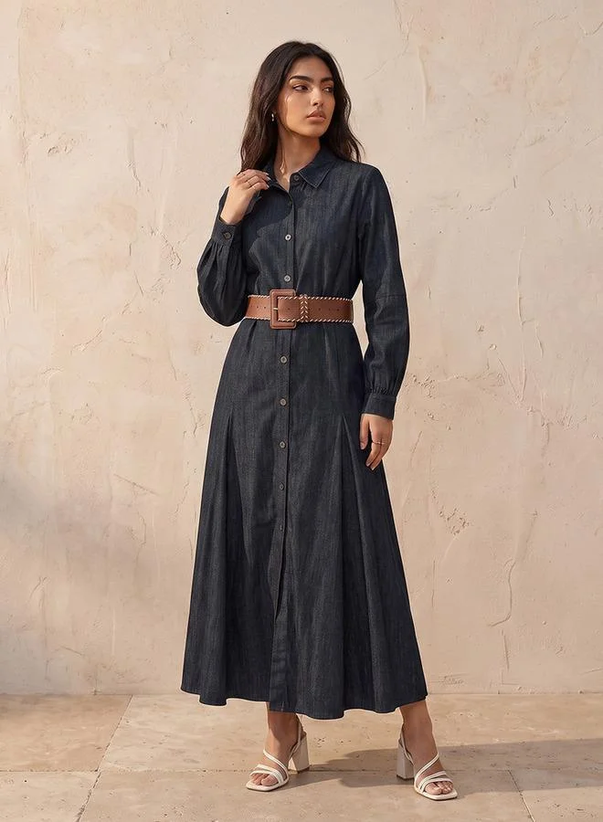 Lee Cooper BLUE Lee Cooper Maxi Cotton Shirt Dress with Belt for Women | Best Price UAE