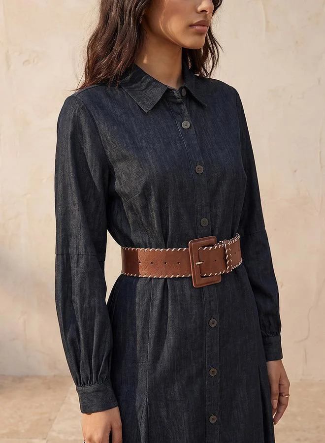 Lee Cooper BLUE Lee Cooper Maxi Cotton Shirt Dress with Belt for Women | Best Price UAE