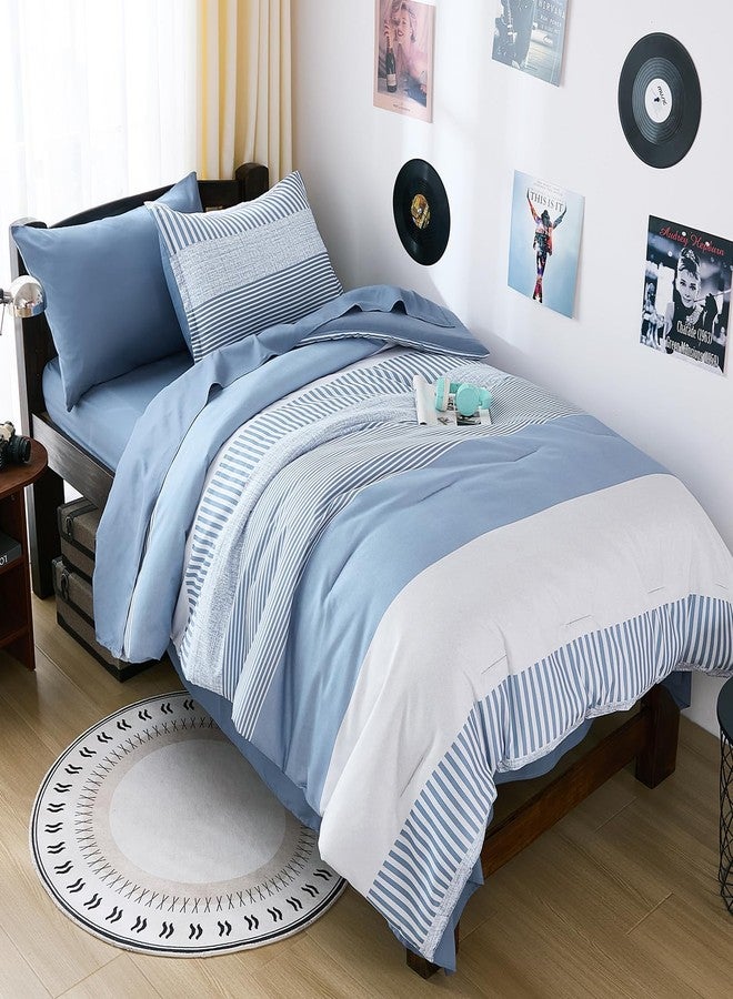 Cottolester Blue Comforter Set Twin Size,Classic Striped Comforters for Boys&Girls,5 Pieces Bed in A Bag Simple Neutral-Style Bedding Sets for Kids Teen - Image 1