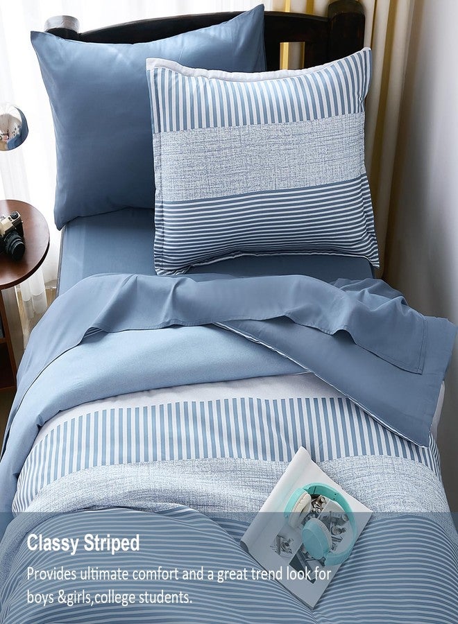 Cottolester Blue Comforter Set Twin Size,Classic Striped Comforters for Boys&Girls,5 Pieces Bed in A Bag Simple Neutral-Style Bedding Sets for Kids Teen - Image 2
