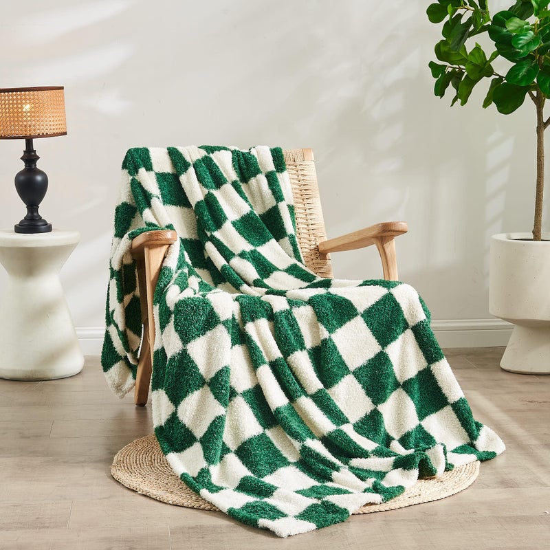 Qeils Checkered Blanket Microfiber Super Soft Knit Forest Green Throw Blanket for Couch Sofa Chair Bed Camping Lightweight Travel Bed Blanket  6080